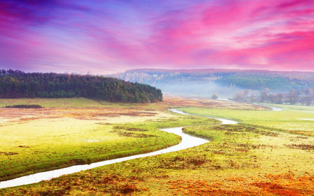 River green field pink sky free wallpaper for desktop - medium preview image