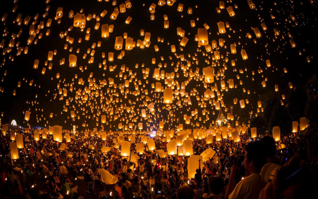 People lanterns night time gathering free wallpaper for desktop - medium preview image