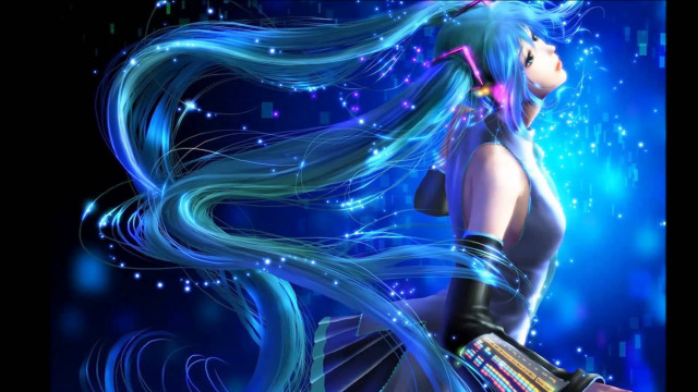 Aqua hair blue dress staircase free wallpaper for desktop - medium preview image