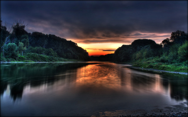River sunset trees dark sky free wallpaper for desktop - medium preview image
