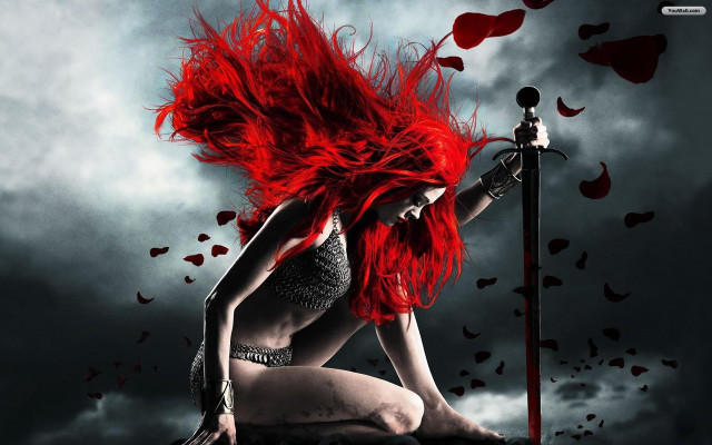 Red hair sword kneeling blood free wallpaper for desktop - medium preview image