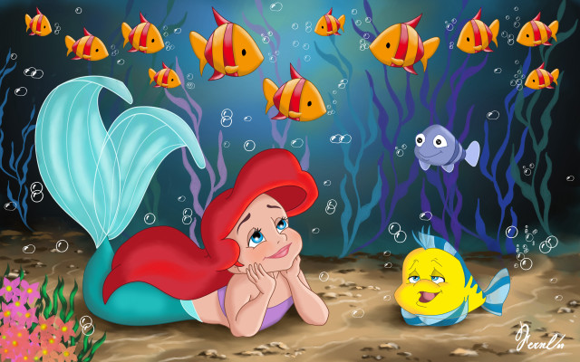 Little mermaid swimming ocean fish free wallpaper for desktop - medium preview image