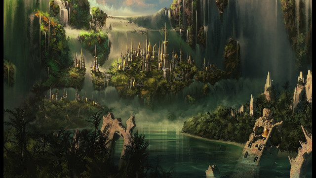 Fantasy landscape waterfall castle boat #3 free wallpaper for desktop - medium preview image