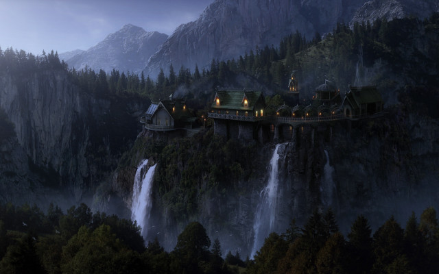 Castle cliff waterfall night lights free wallpaper for desktop - medium preview image