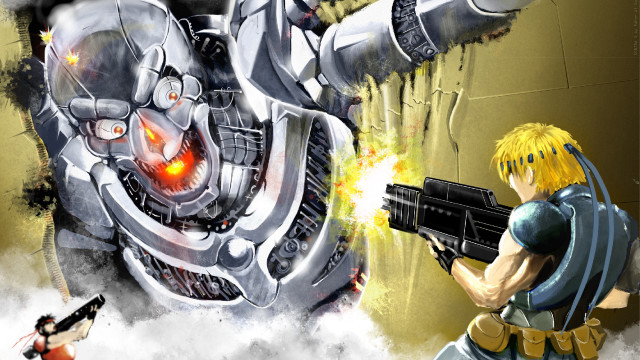 Man robot guns explosion battle free wallpaper for desktop - medium preview image