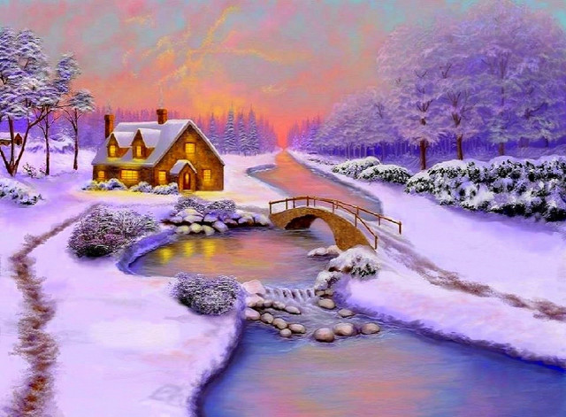 Snowy scene house stream bridge free wallpaper for desktop - medium preview image