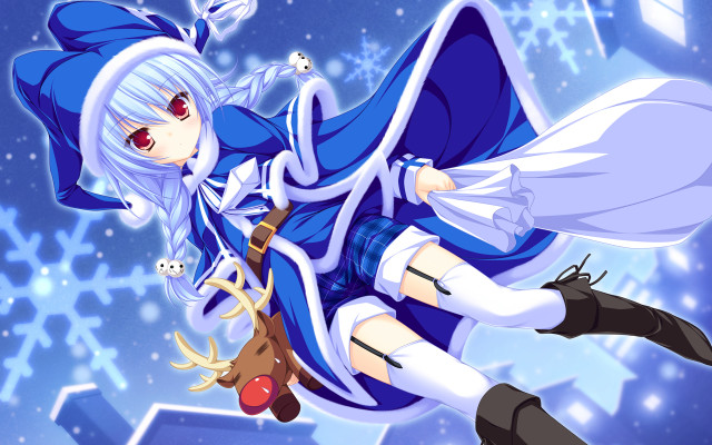 Anime girl flying snowman deer free wallpaper for desktop - medium preview image