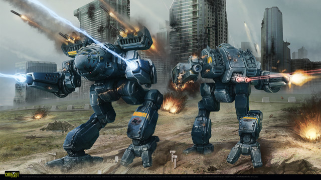 Robots fighting city fire smoke free wallpaper for desktop - medium preview image
