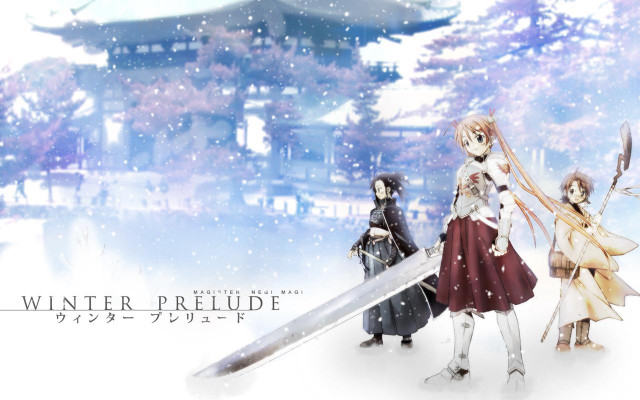 Anime characters sword snow pagoda free wallpaper for desktop - medium preview image