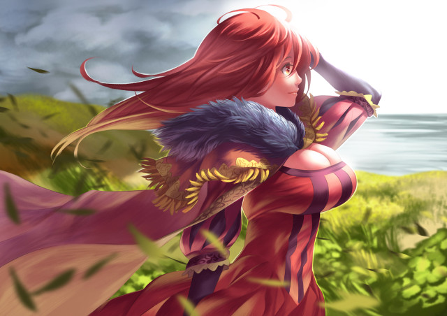 Woman red dress field bird free wallpaper for desktop - medium preview image