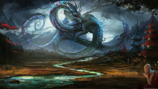 Dragon flying river fantasy landscape free wallpaper for desktop - medium preview image