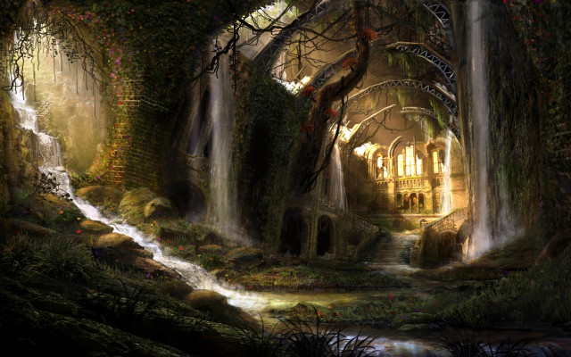 Waterfall forest painting side middle #2 free wallpaper for desktop - medium preview image