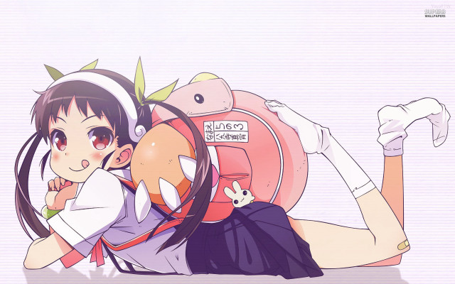 Girl laying ground backpack cat free wallpaper for desktop - medium preview image