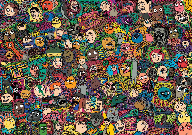 Cartoon faces colorful pattern doodles free wallpaper for desktop - medium preview image