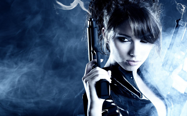 Woman holding gun smoking cigarette free wallpaper for desktop - medium preview image