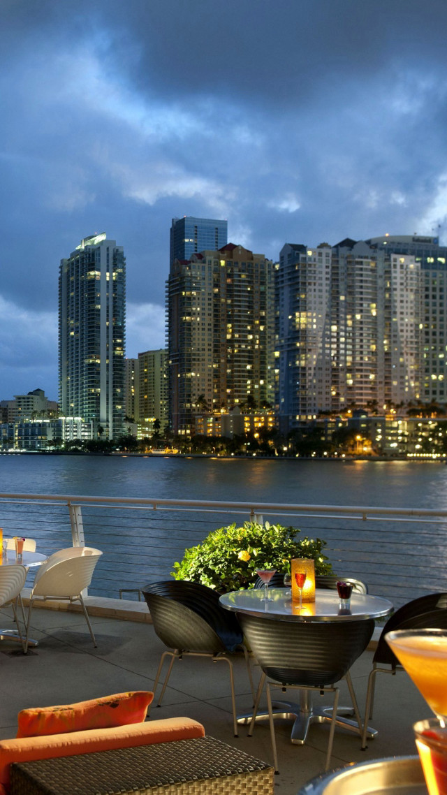 City skyline night water restaurant free wallpaper for mobile - medium preview image