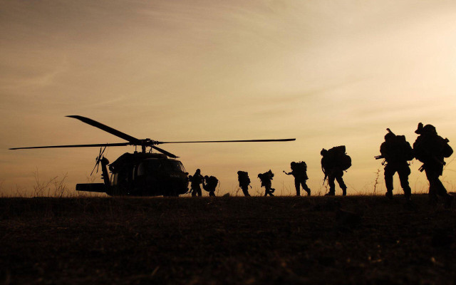 Soldiers walking helicopter sunset background #2 free wallpaper for desktop - medium preview image