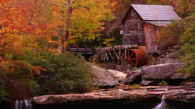 Wooden water mill fall waterfall free wallpaper for desktop - medium preview image