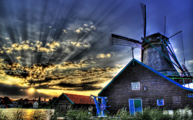 Windmill building culminating sunset crepuscular free wallpaper for desktop - medium preview image