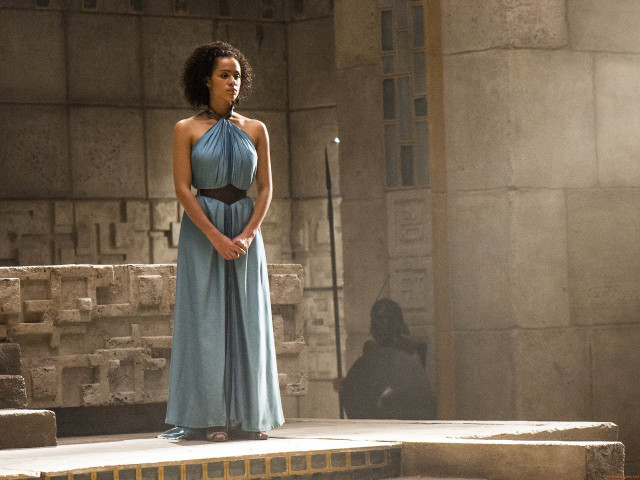 Woman blue dress stone platform free wallpaper for desktop - medium preview image