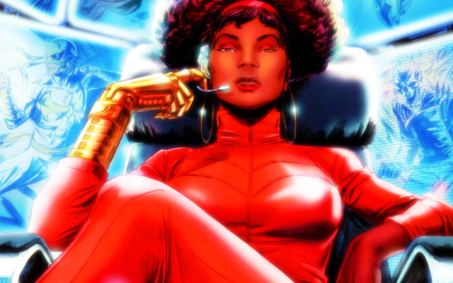 Woman red outfit chair hand free wallpaper for desktop - medium preview image