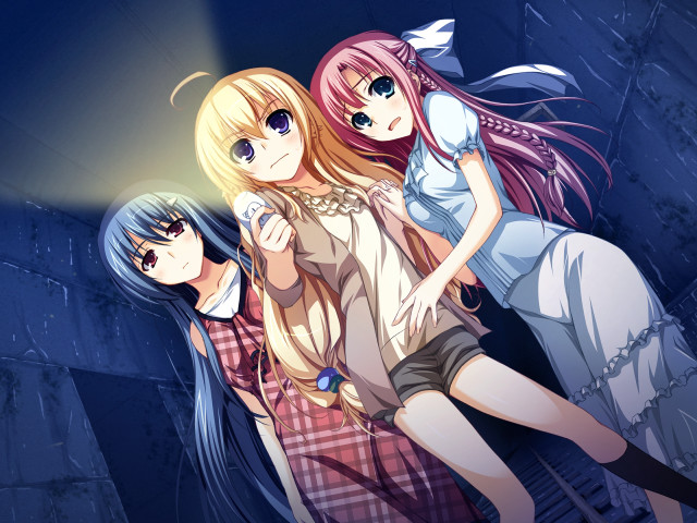 Three anime girls light dark free wallpaper for desktop - medium preview image