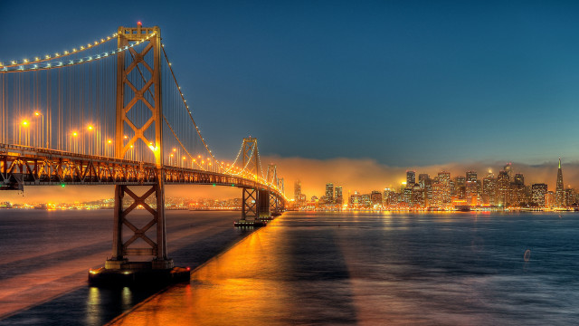 Bridge water city lights night free wallpaper for desktop - medium preview image