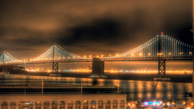 Bridge water night lights cloudy free wallpaper for desktop - medium preview image
