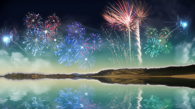 Lake fireworks mountain background painting free wallpaper for desktop - medium preview image
