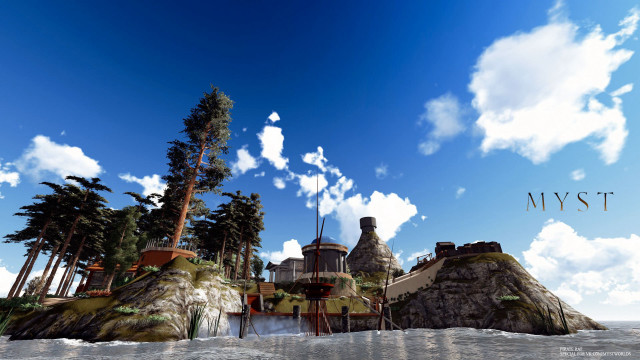 Futuristic city rock island waterfall free wallpaper for desktop - medium preview image