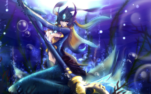 Woman blue dress sword underwater free wallpaper for desktop - medium preview image