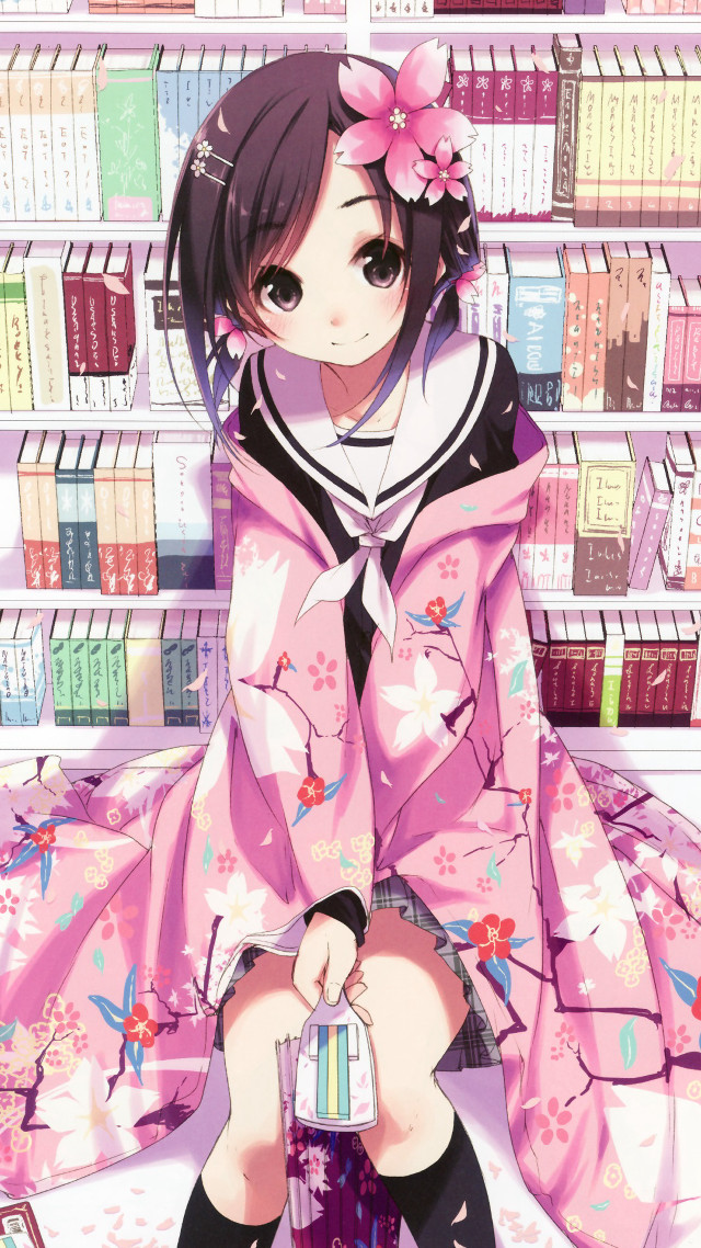 Girl pink dress sitting shelf free wallpaper for mobile - medium preview image