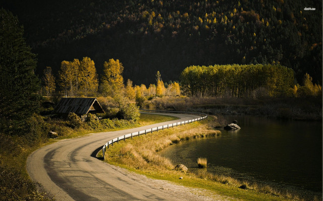 Lake cabin road tiltshift landscape free wallpaper for desktop - medium preview image