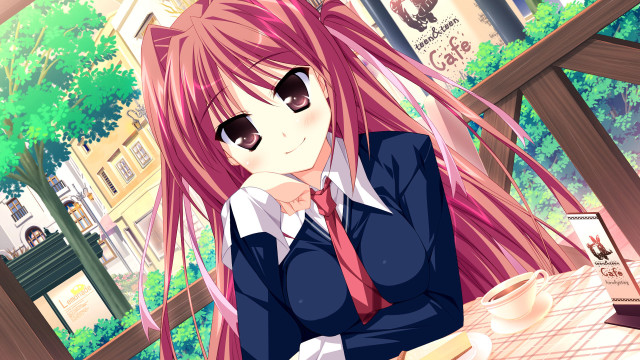 Girl pink hair glasses coffee free wallpaper for desktop - medium preview image