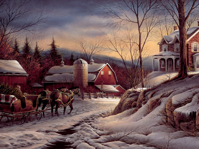Horse drawn carriage snowy road free wallpaper for desktop - medium preview image