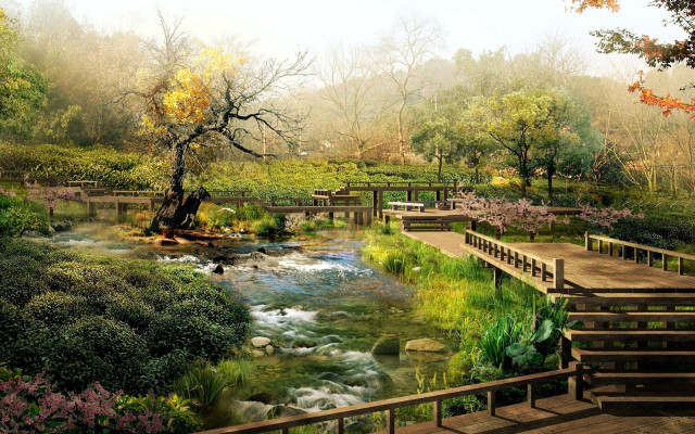 River bridge park trees flowers #3 free wallpaper for desktop - medium preview image