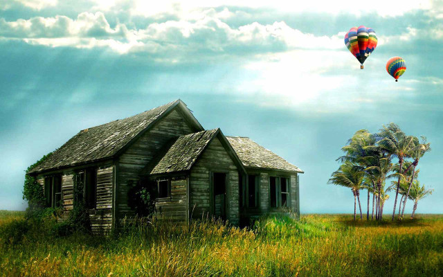 House field hotairballoon tree mattepainting free wallpaper for desktop - medium preview image