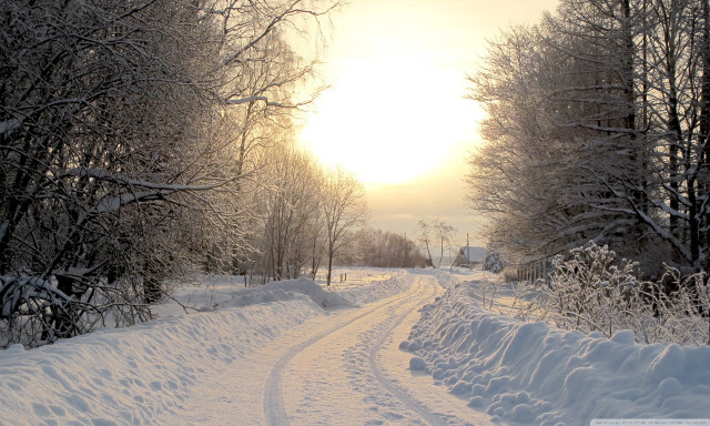 Snowy road forest sunset distant free wallpaper for desktop - medium preview image