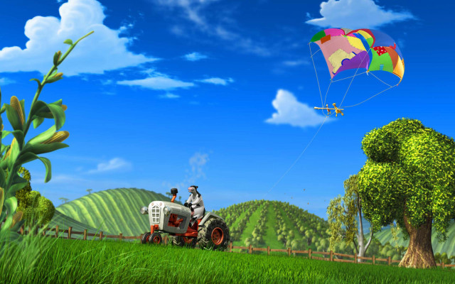 Man flying kite field tractor free wallpaper for desktop - medium preview image