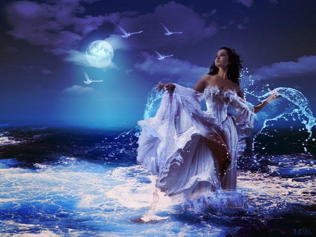 Woman ocean fullmoon birds dreamlike free wallpaper for desktop - medium preview image