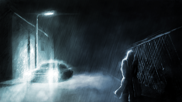 Dark street man rain car free wallpaper for desktop - medium preview image