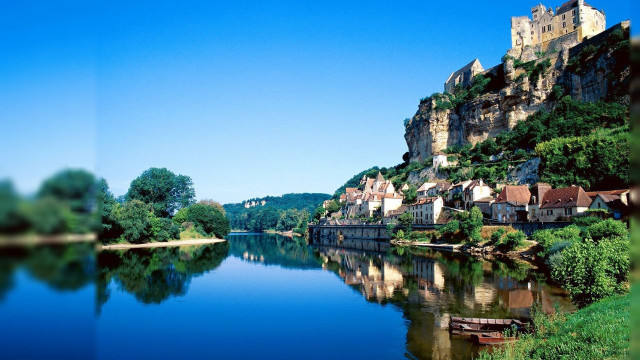 River village hill trees scenery free wallpaper for desktop - medium preview image