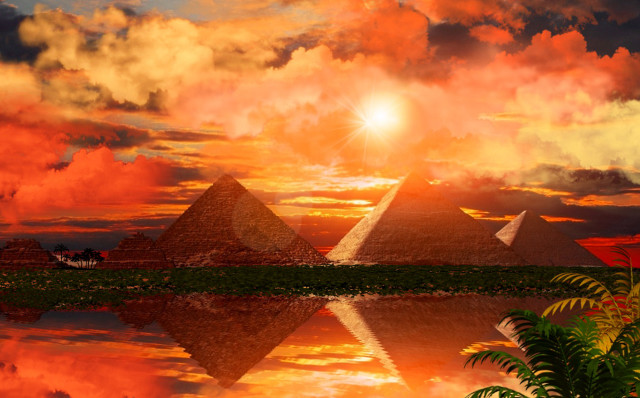 Sunset pyramids boat water red free wallpaper for desktop - medium preview image