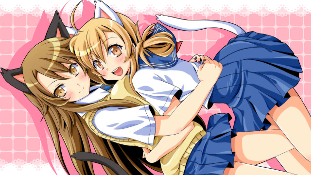 Anime girls hugging pink room free wallpaper for desktop - medium preview image