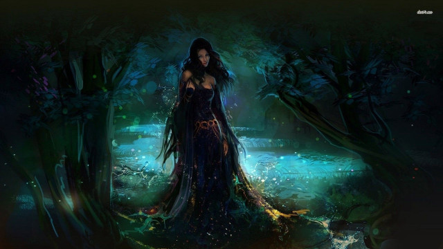 Woman dark dress forest stream free wallpaper for desktop - medium preview image