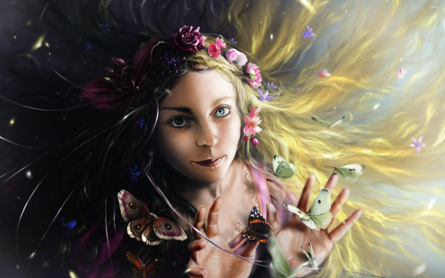 Woman butterfly floating hair fantasy free wallpaper for desktop - medium preview image