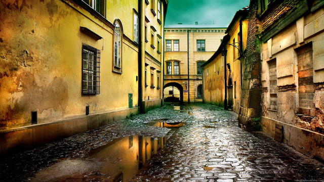 Narrow alley puddle building green free wallpaper for desktop - medium preview image