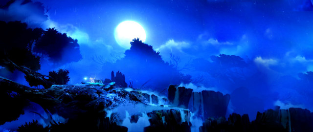 Mountain fullmoon waterfall painting nature free wallpaper for desktop - medium preview image