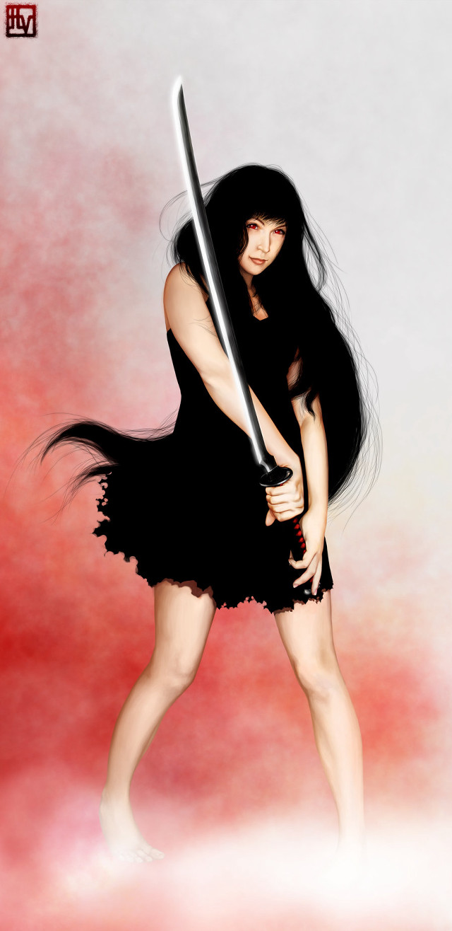 Woman black dress sword red free wallpaper for mobile - medium preview image