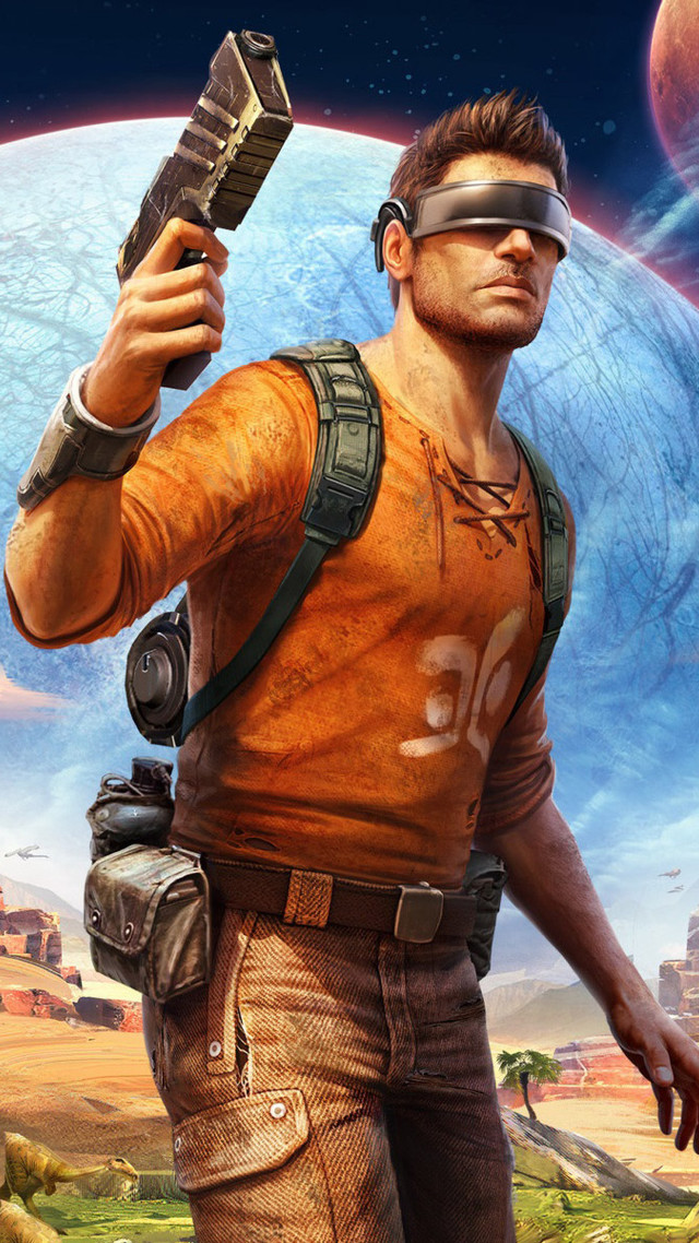 Man holding gun giant planet free wallpaper for mobile - medium preview image